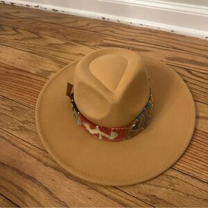 Camel Color wide brim hat with multicolored band